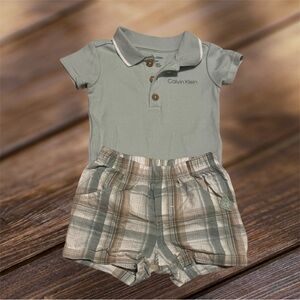 Calvin Klein 3-6m Baby Boy Polo and Plaid Shorts Set EUC